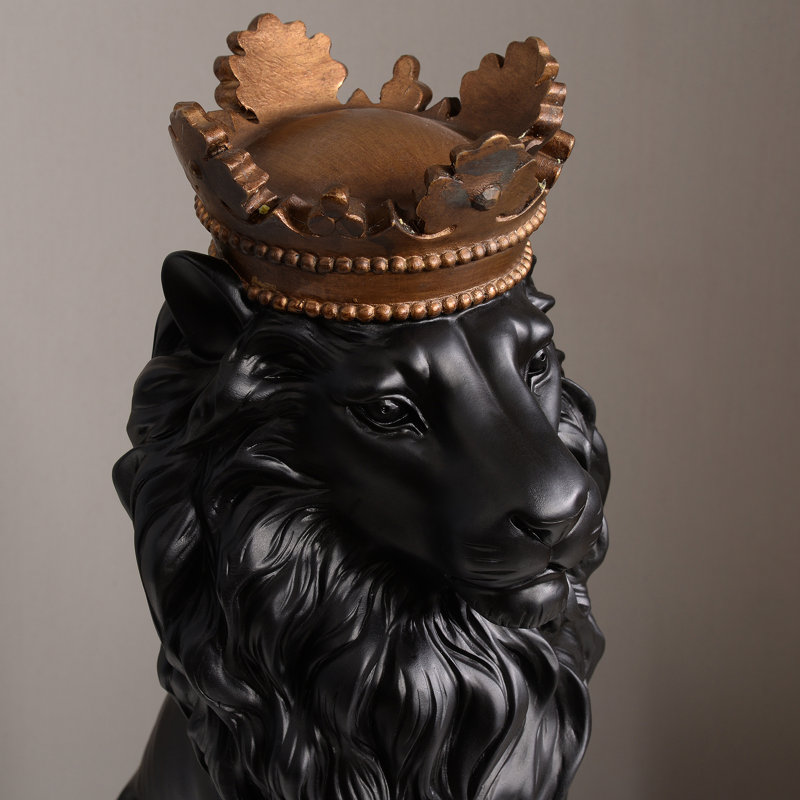 14.5" H Sitting Lion W/Crown Bronze Colour Resin Statue Home Decor Living Room Display, Black/Gold
