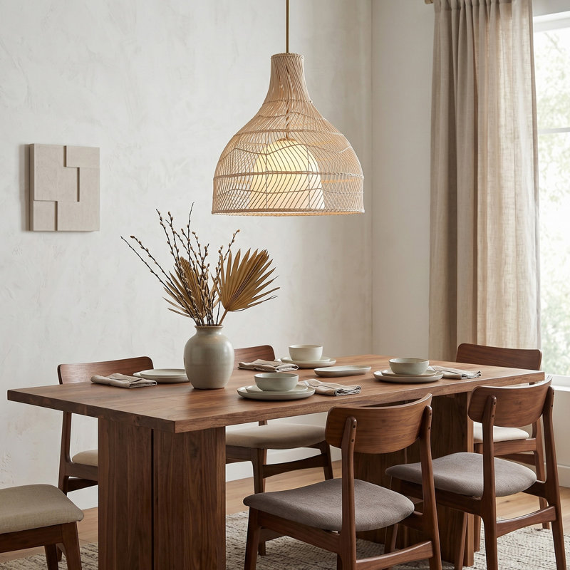 1-Light Organic Modern Woven Pendant Light, Handwoven Rattan & Opal Glass Shade Ceiling Fixture with Antique Brass Finish, Sloped Ceiling Compatible for Kitchen Island, Dining Room