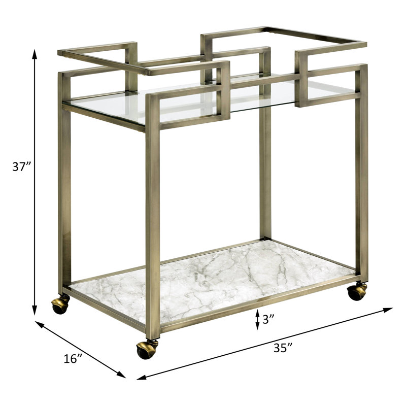 Chariot de service rectangulaire à 2 niveaux avec plateau en faux marbre, verre trempé de 5 mm et finition laiton, capacité de charge de 90 lb