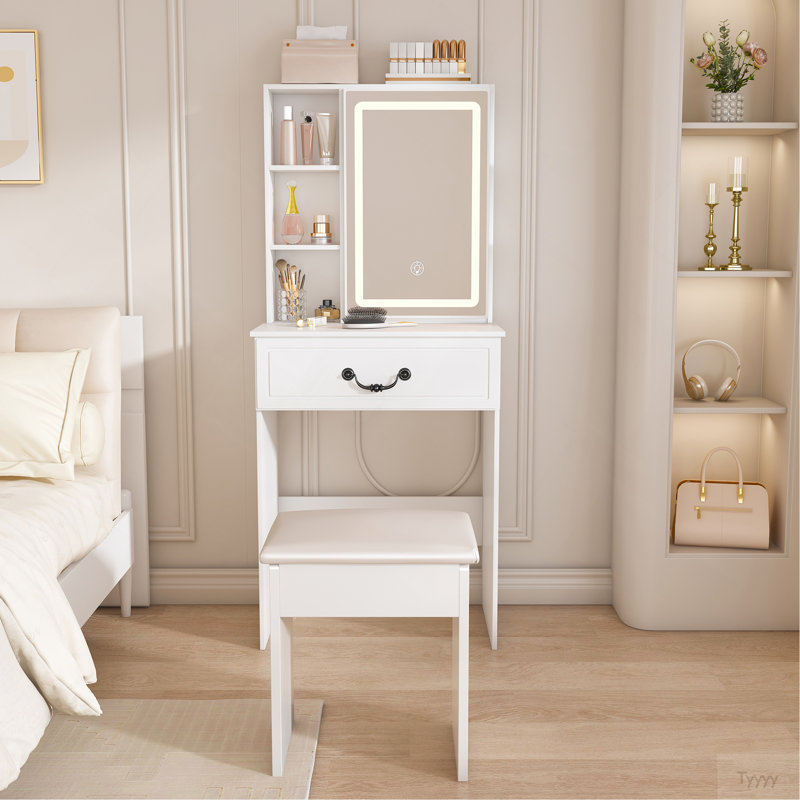 Mini coiffeuse moderne avec miroir éclairé à DEL et rangement dissimulé, tabouret rembourré, bureau de coiffeuse à luminosité réglable, tablettes à l'épreuve de la poussière à plusieurs niveaux, blanc