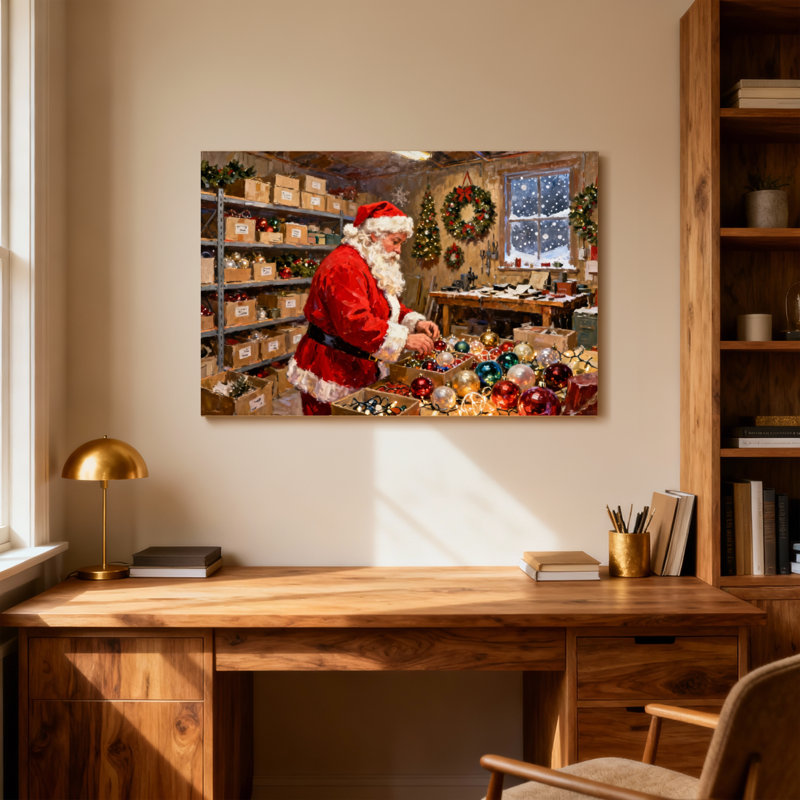 Scène d'atelier de Noël père Noël, H 12 po x l 18 po