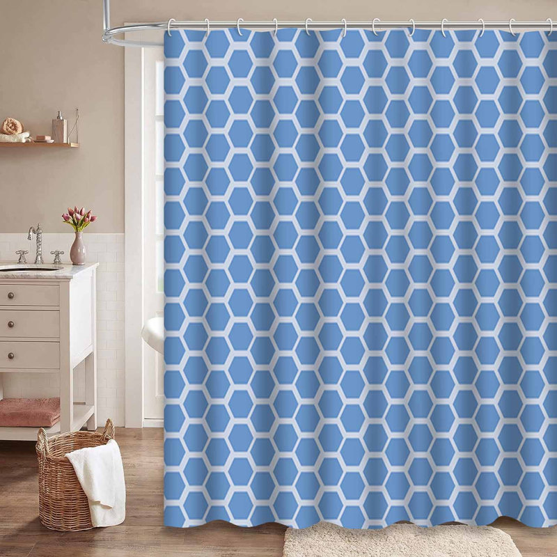 Rideau de douche à motif hexagonal bleu avec 12 crochets, L 72 po x l 78 po