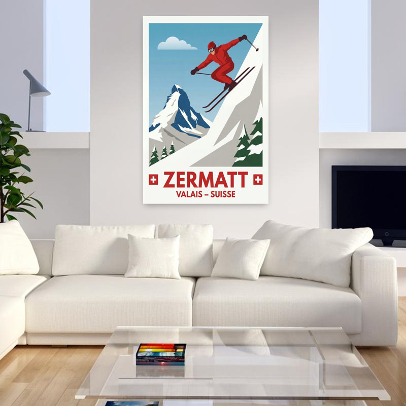 Zermatt, skieur, Matterhorn, Alpes, rétro, rétro, montagne, hiver, art mural, H 48 po x l 32 po