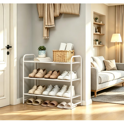 Shoe Rack - Stainless Steel Shoe Organizer, Sturdy Shoe Rack for Closet and Front Door Entrance, Free Standing Shoe Shelf, Closet Organizers and Storage, 25.6" Wide - 3 Tier, White