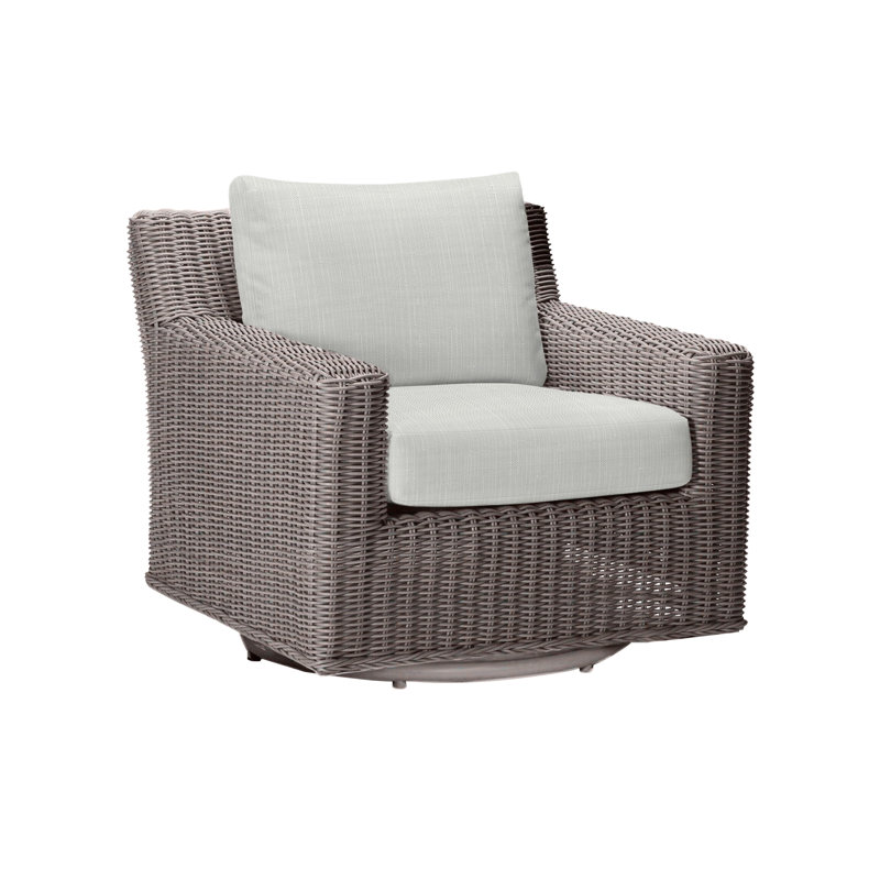 Fauteuil d'extérieur pivotant rustique en résine tressée N-Dura, Welt, Sunbrella® argent Verona, Huître