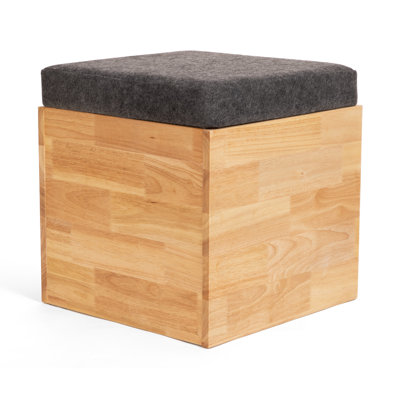 Zanesfield Storage Ottoman, Cube Stool, Solid Wood, Grey Cushion Lid