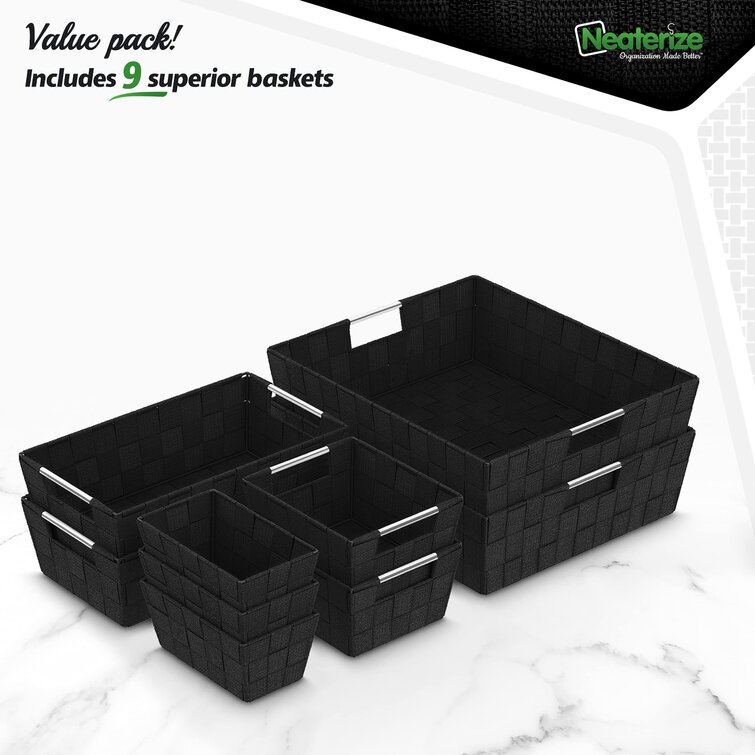 Set of 9 Woven Storage Baskets Organizer Bins with Handles for