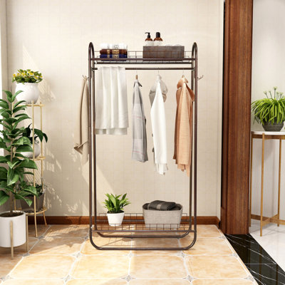 Garment Rack Freestanding Heavy Duty Clothing Rack, Metal Rolling Clothes Rack with Double Shelves, Portable Wardrobe Rack for Hanging Clothes