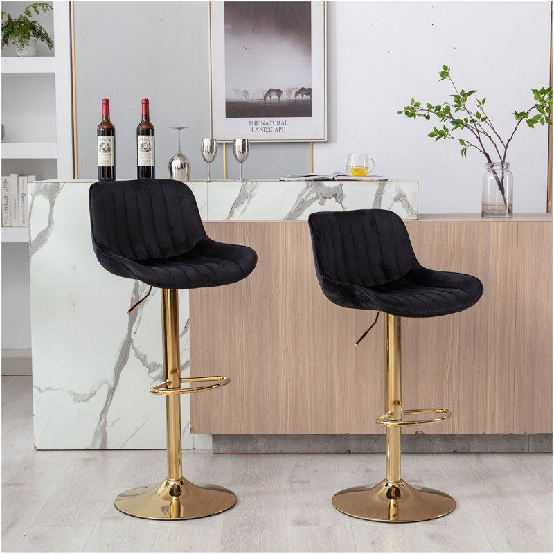 Repose-pieds chromé et base pivotante en velours à hauteur réglable et tabouret de bar simple doré, ensemble de 2, noir