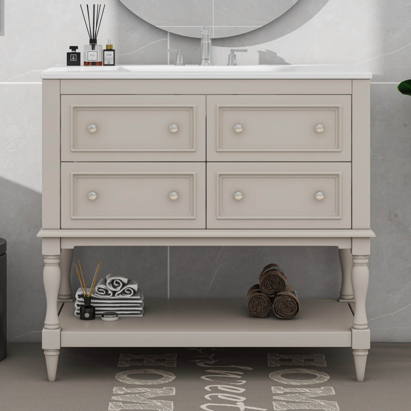 Meuble-lavabo 36 po avec lavabo simple, 4 tiroirs et tablette ouverte 36 po, Beige
