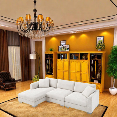 Canapé modulaire en L en chenille avec méridienne de haute qualité et confortable pour le salon, la chambre à coucher, le bureau et les pieds élégants en aluminium argenté