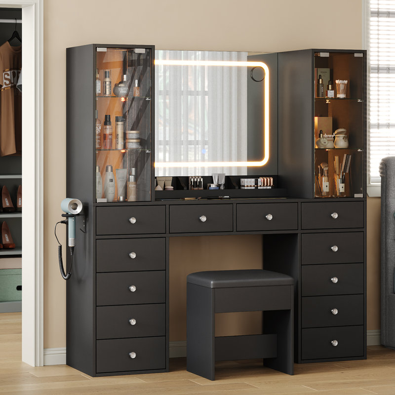 Makeup Vanity With Charging Station, Vanity Desk With LED Mirror & 2 Glass Cabinet, 3 Color Modes, Brightness Adjustable, 12 Drawers Vanity Set With Glass Top, Dressing Table With Chair