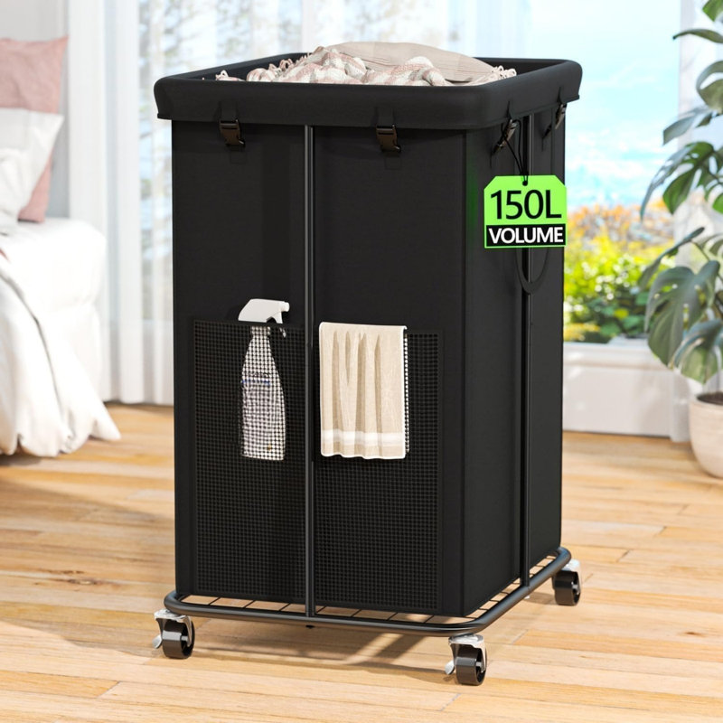 Black Laundry Hamper with Wheels, 150 L Rolling Laundry Basket with Bag Handles