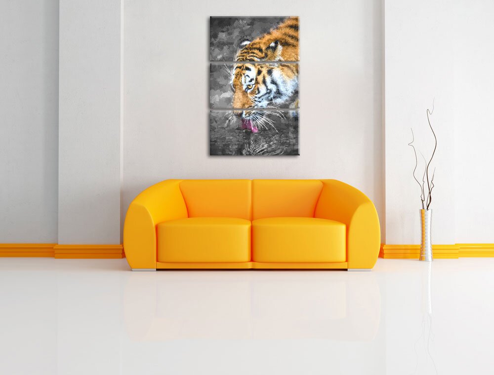 3-tlg. Leinwandbilder-Set „Stolzer Tiger am Wasser“, Kunstdruck