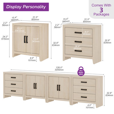 Eaton 4-Piece Modular Sideboard With Drawers & Doors, Farmhouse Storage Cabinet For Living Room, Dining Room, Or Hallway, Beige