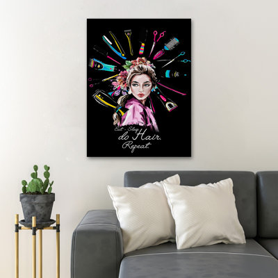 Belle fille avec des outils de coiffure sur son cadavre - Eat Sleep Do Hair Répétition - 1 pièce, reproduction d'art graphique sur toile tendue