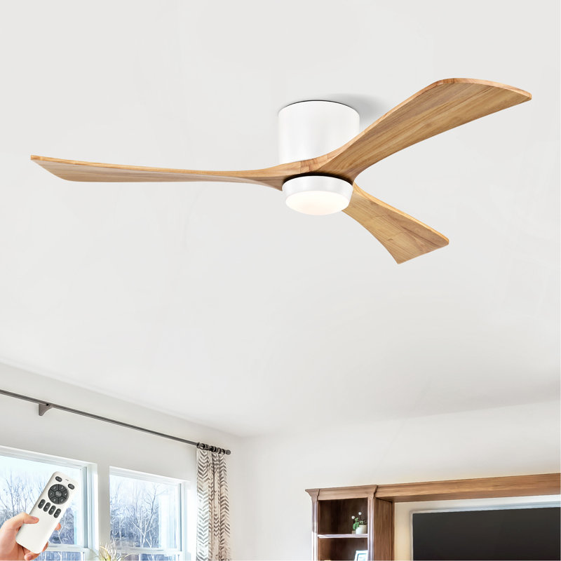 Ventilateur de plafond moderne en bois massif de 52 po à 3 pales avec télécommande et ensemble d'éclairage, Blanc