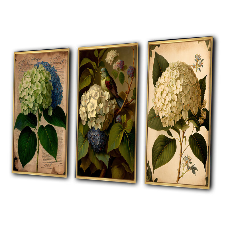 «Blanging Hydrangena In Retro Colors», 3 pièces sur toile, Or, H 20 po x l 36 po