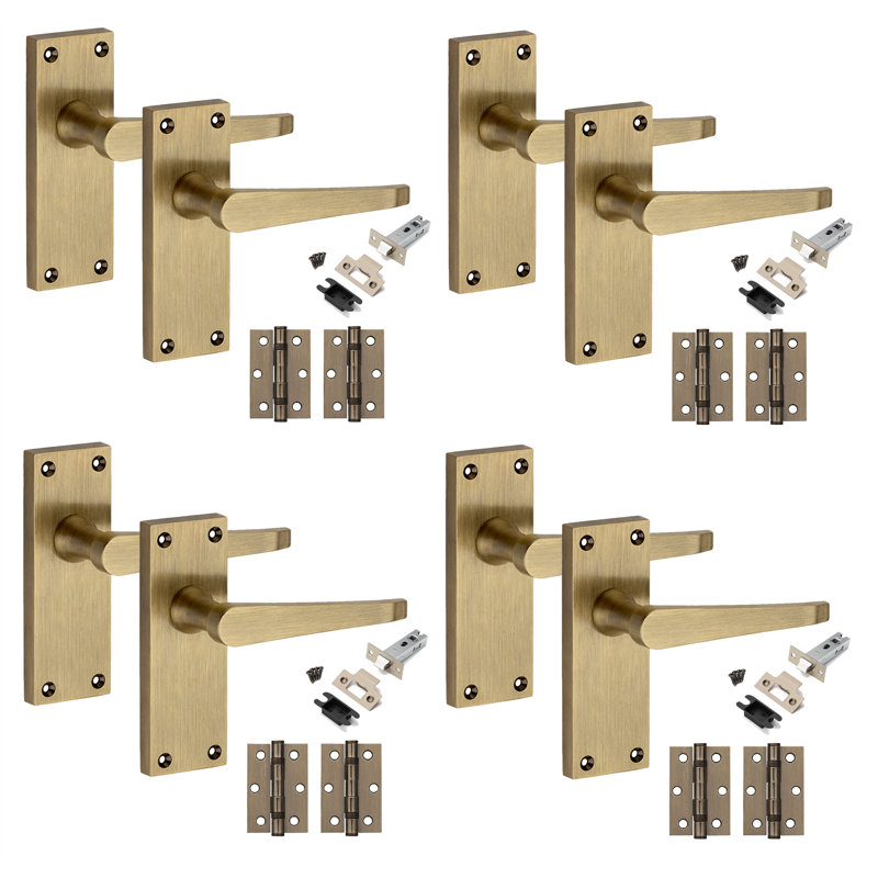 Golden Grace 4 Pairs Victorian Design Straight Lever Door Handles Antique Brass Durable Metal Backplate Internal Latch Set with Hinges - 120 x 40mm