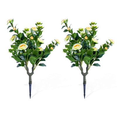 Lifelike Artificial Topiary Ball Trees Set of 2 – Yellow Camellia Flowers, 35.4" Realistic PE Plants with Ground Spike & Metal Stakes for Indoor/Outdoor Home Decor, 90x40cm, 2 Yellow Flowers PZ-1-299