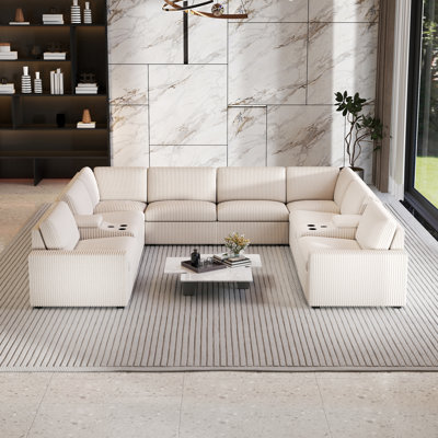 10 Piece Modern Corduroy L Shaped Power Reclining Sectional Couch With Storage & Wireless Charging