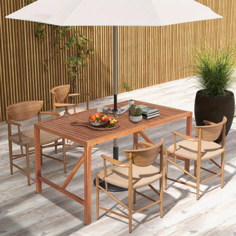 Table de salle à manger de patio rectangulaire en bois d'acacia avec trou pour parasol de 2 à 4 personnes.