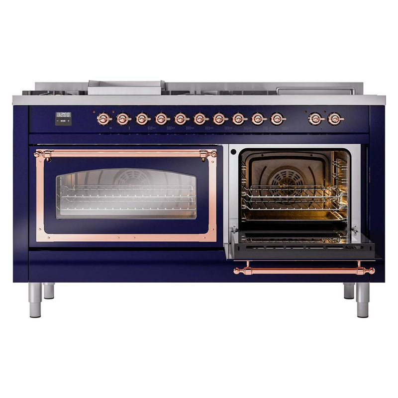 ILVE Nostalgie II Noblesse 60 in Dual Fuel Range 7 Burner, Griddle, Frenchtop, Natural Gas, Midnight Blue/Copper