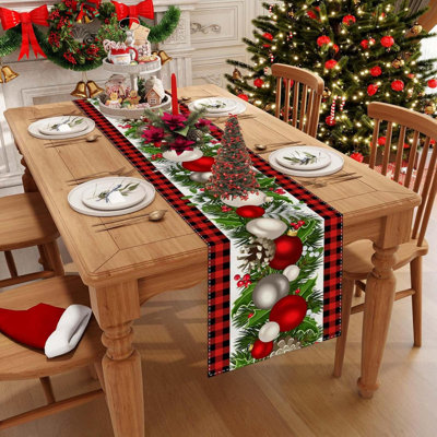 Linen  Buffalo Check Plaid Christmas Table Runner Winter Christmas Xmas Holiday Gingerbread House Mantable Decoration