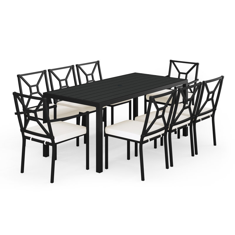 Martha Stewart Lily Pond 9-Piece Steel Patio Dining Set with 8 Stackable Chairs and 72" Table