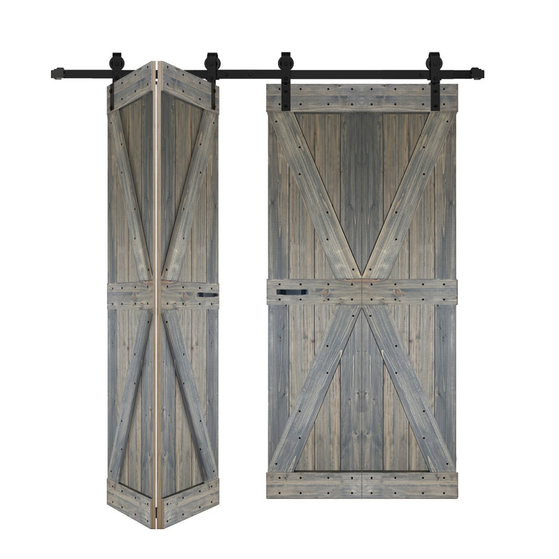 Porte de grange double pliante en bois massif de style K avec ensemble de quincaillerie - Assemblage requis, Tonneau vieilli