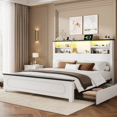 Queen Platform Bed with Bookcase Headboard & Storage Drawers, White