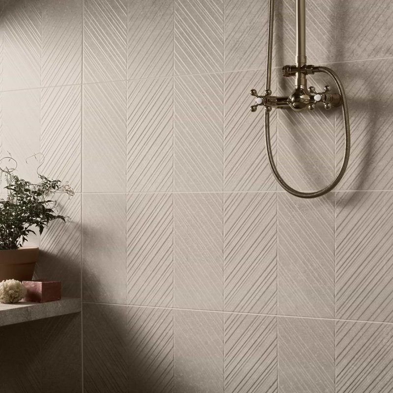 Stoneside 12x36 Chevron Textured Matte Ceramic Tile, Cream Beige