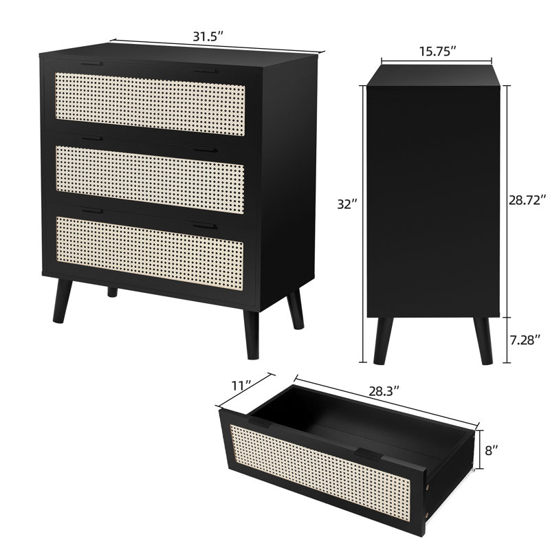 Commode 3 tiroirs avec commode spacieuse, Noir