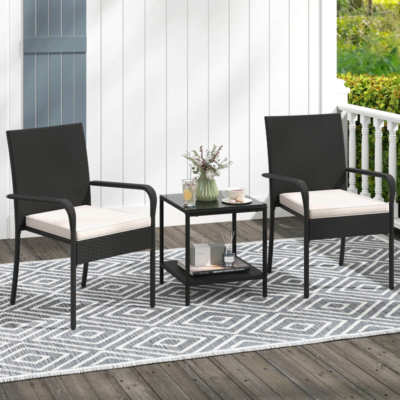 Ensemble de meubles de patio 3 pièces avec plateau de table en verre trempé à 2 niveaux et coussins souples blanc, Blanc