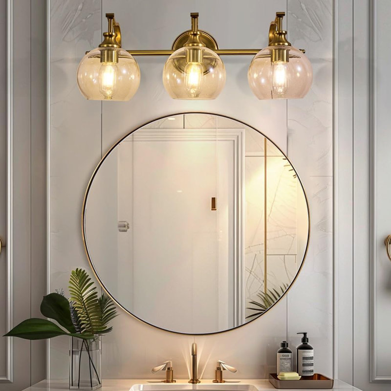 Modern Globe Clear Glass Bathroom Vanity Light Fixture with Metal Gooseneck Frame, 3, Brushed Gold