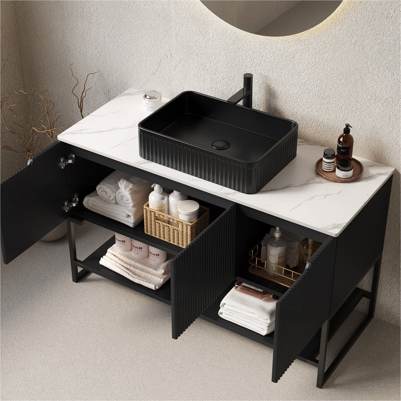 TULIO 48" Bathroom Vanity&Sink, Freestanding Bathroom Storage Cabinet with 3 Doors and Open Shelf, Black Rectangular Ceramic Basin and Carrara White Sintered Stone Countertop, Black (New SKU)