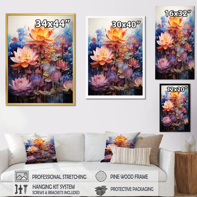 Orange orange, art bouddhiste lotus mandala - art mural bouddhisme, L 12 po x H 20 po x P 1 po, Cadre doré simple