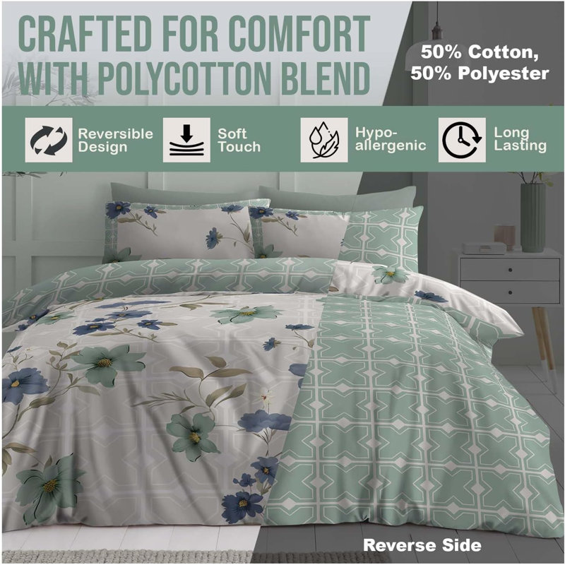 Floral Polycotton Duvet Cover Set with Pillowcases - Single Double King - Soft Yarn, Vibrant Easy-Care Bedding UK, King