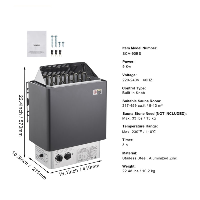 9KW Electric Sauna Heater with Built-In Controls, Stainless Steel Steam Bath Stove for Home Spa & Hotel Use, 220V Wall-Mounted Unit