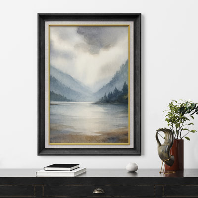 «Misty Mountain Lake Landscape in Soft Neutral Tones», reproduction d'art sur toile encadrée