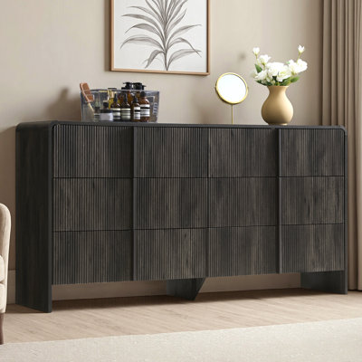 Modern 6 Drawer Dresser with Fluted Front and Curved Corners, 63" Wide Storage Chest with Pine Handles