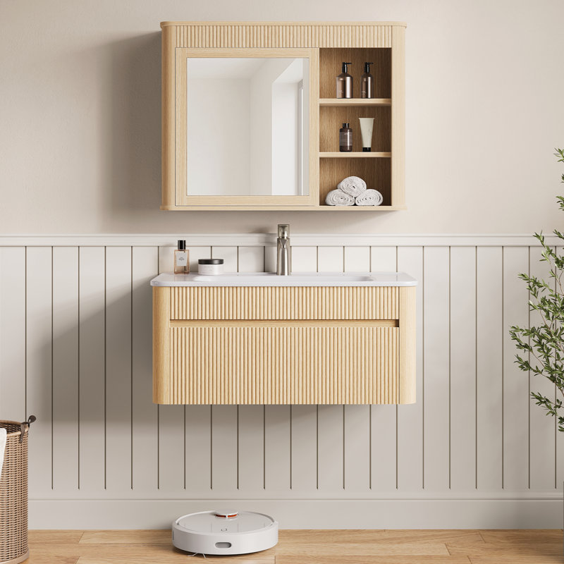 Ensemble de meuble-lavabo mural simple 30 po avec armoire à pharmacie et tiroirs de rangement à fermeture en douceur Fredson, chêne naturel, facile à assembler