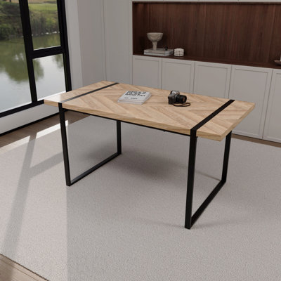 Modern Industrial Rectangular Dining Table MDF Top And Black Metal Legs, Perfect For 4-6 People In Home & Kitchen