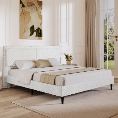 Lit plateforme tapissier très grand et simple très grand avec dossier confortable, très doux et confortable, blanc