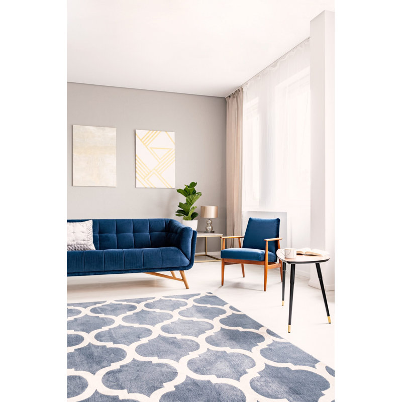 Hand Tufted Wool Geometric Area Rug in Blue, 5' x 7'