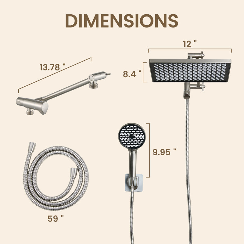 12" Rectangular Rainfall Shower Head and 6-Spray Handheld Shower Combo with 59-inch Hose Wall Mount Brushed Nickel