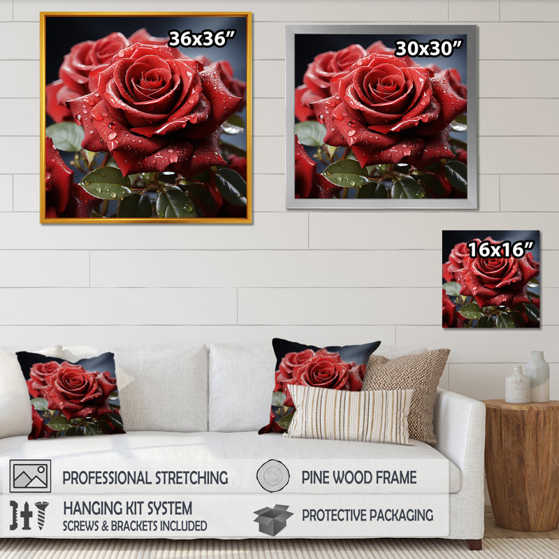 «Crimson Rose Passion II», reproduction sur toile, Cadre naturel flottant, H 16 po x l 16 po