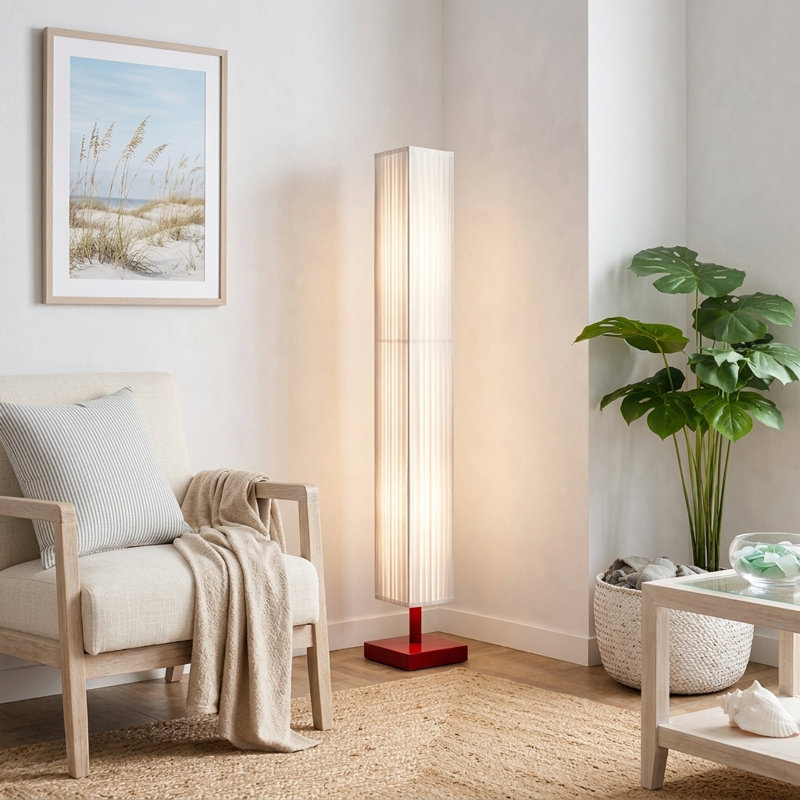 Lampe sur pied minimaliste avec abat-jour en tissu plissé et base en bois massif