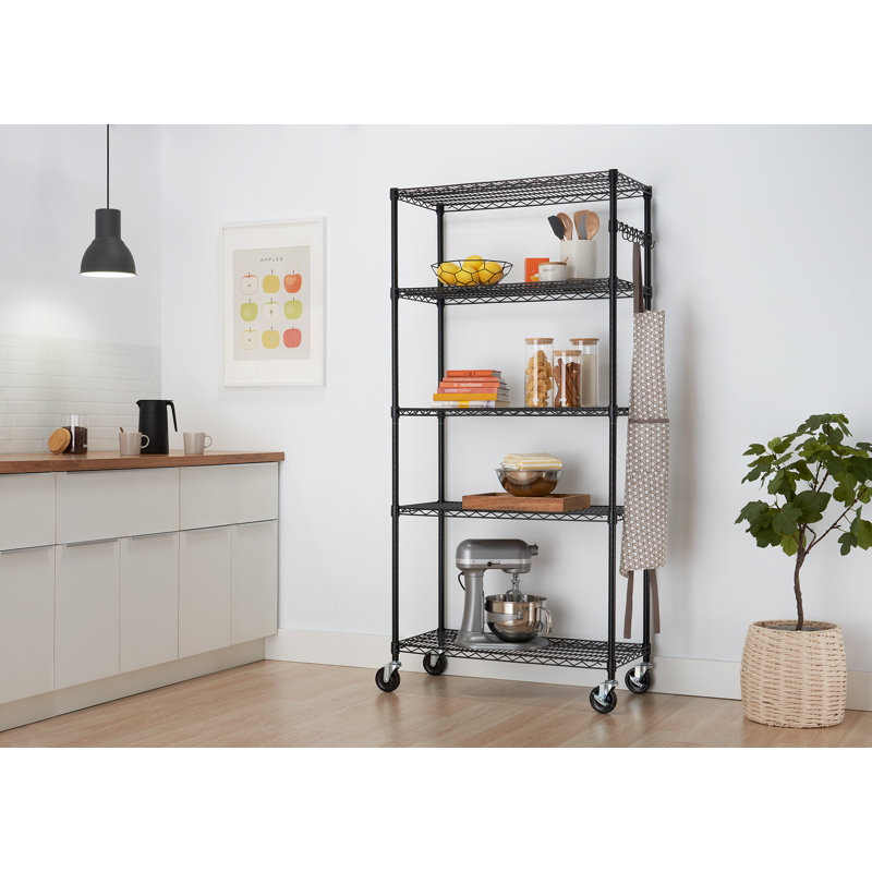 Black 5-Tier Steel Wire Shelving Unit with Wheels, 18"L x 36"W x 76"H
