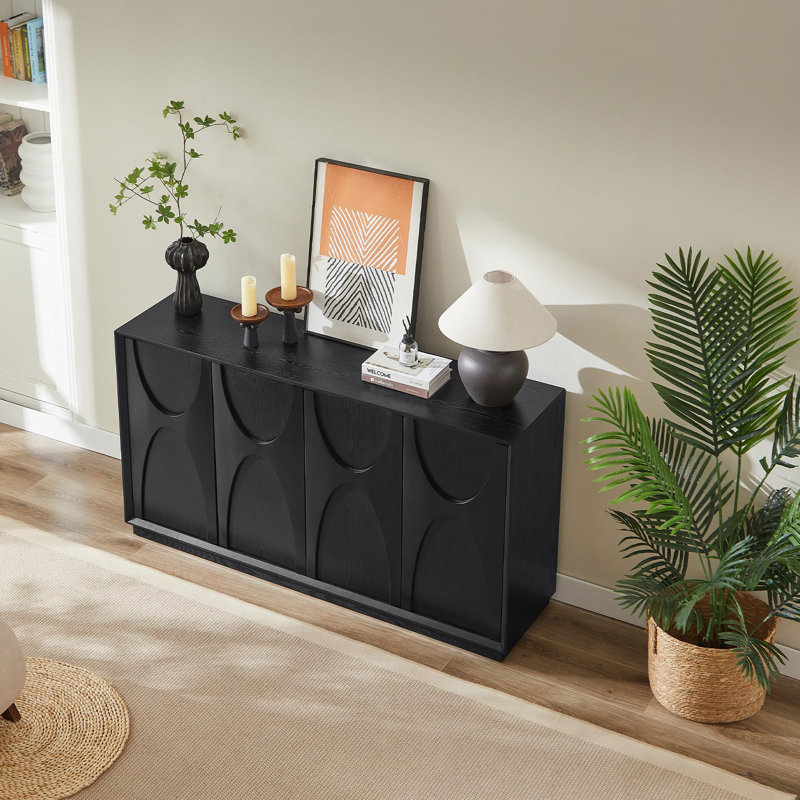 Buffet moderne de 59,69 po Alvayero - Portes arquées classiques en bois massif de 2 pouces avec une touche rétro, Noir, Non